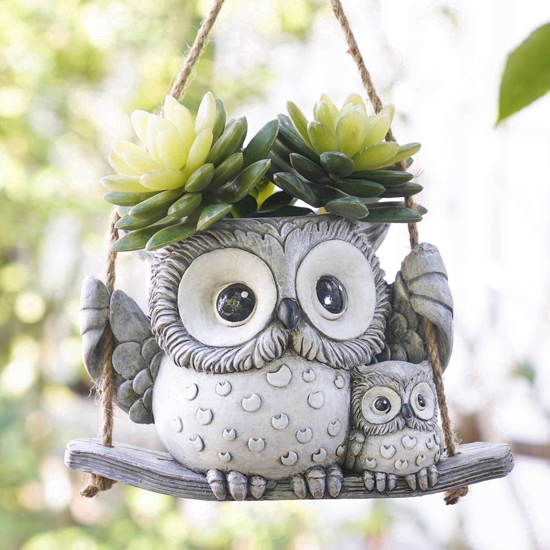 Quoowiit 4.72" H Owl Hanging Planter, Round Resin Succulent Pot with Drainage Holes, Animal Print Indoor Outdoor Decor