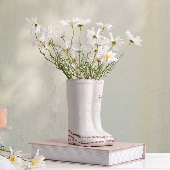 Quoowiit Ceramic Boot Vase, 7”, White Vintage Rustic