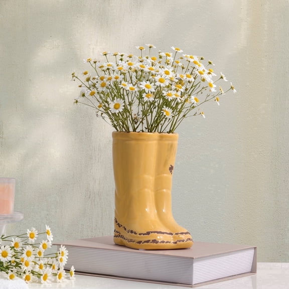 Quoowiit Ceramic Boot Vase, 7 inch, Farmhouse Vintage Rustic Decor Vase for Flowers, Mustard Yellow
