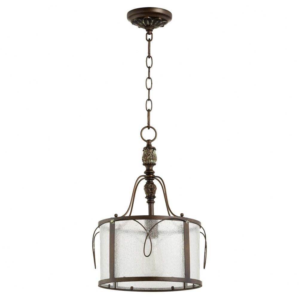 Vintage Copper Glass Drum Pendant Light with Clear Seeded Shade