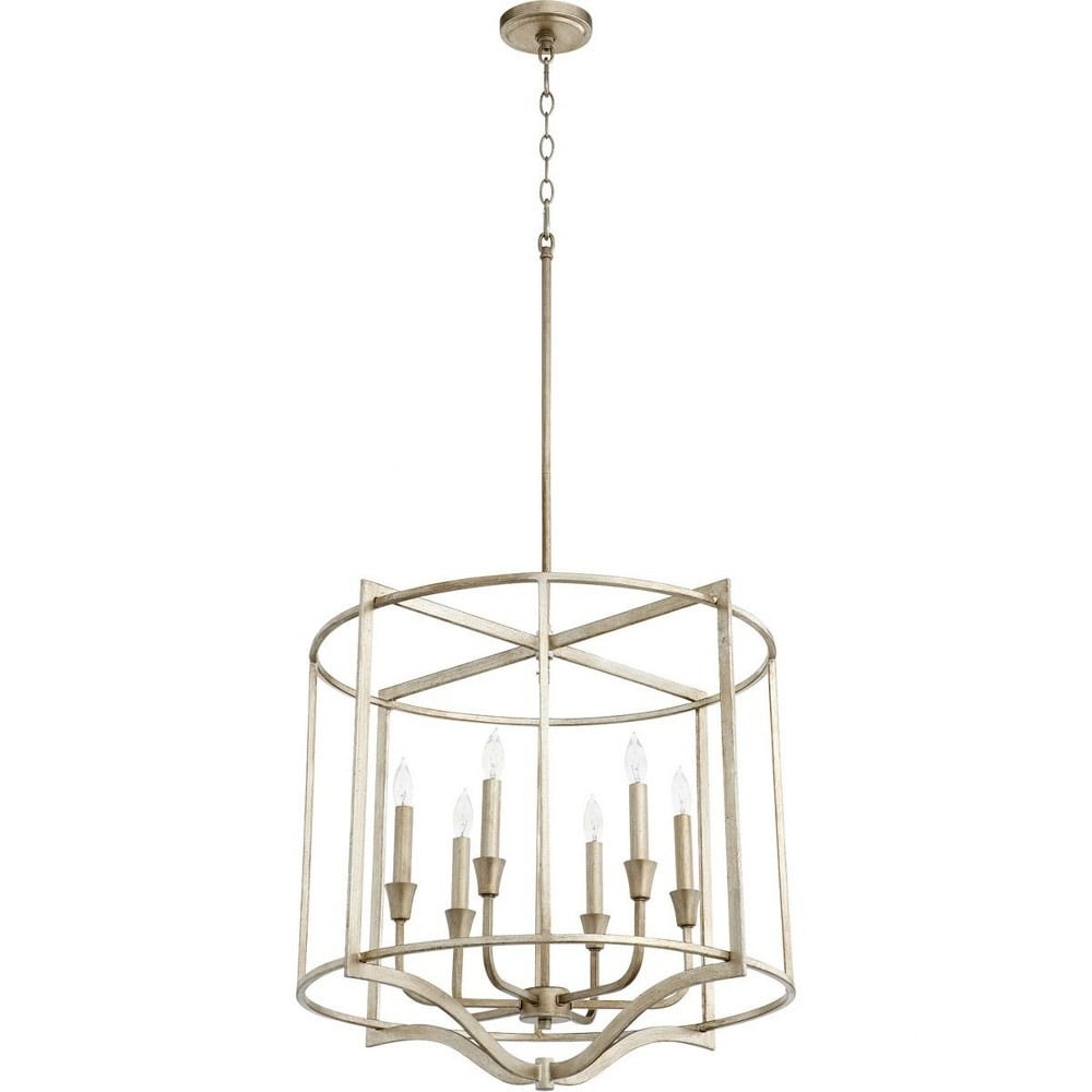Aged Silver Leaf 6-Light Drum Chandelier with Candelabra Bulbs