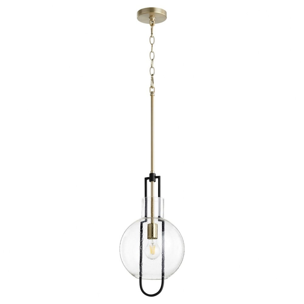 Noir Aged Brass Globe Pendant with Clear Textured Glass