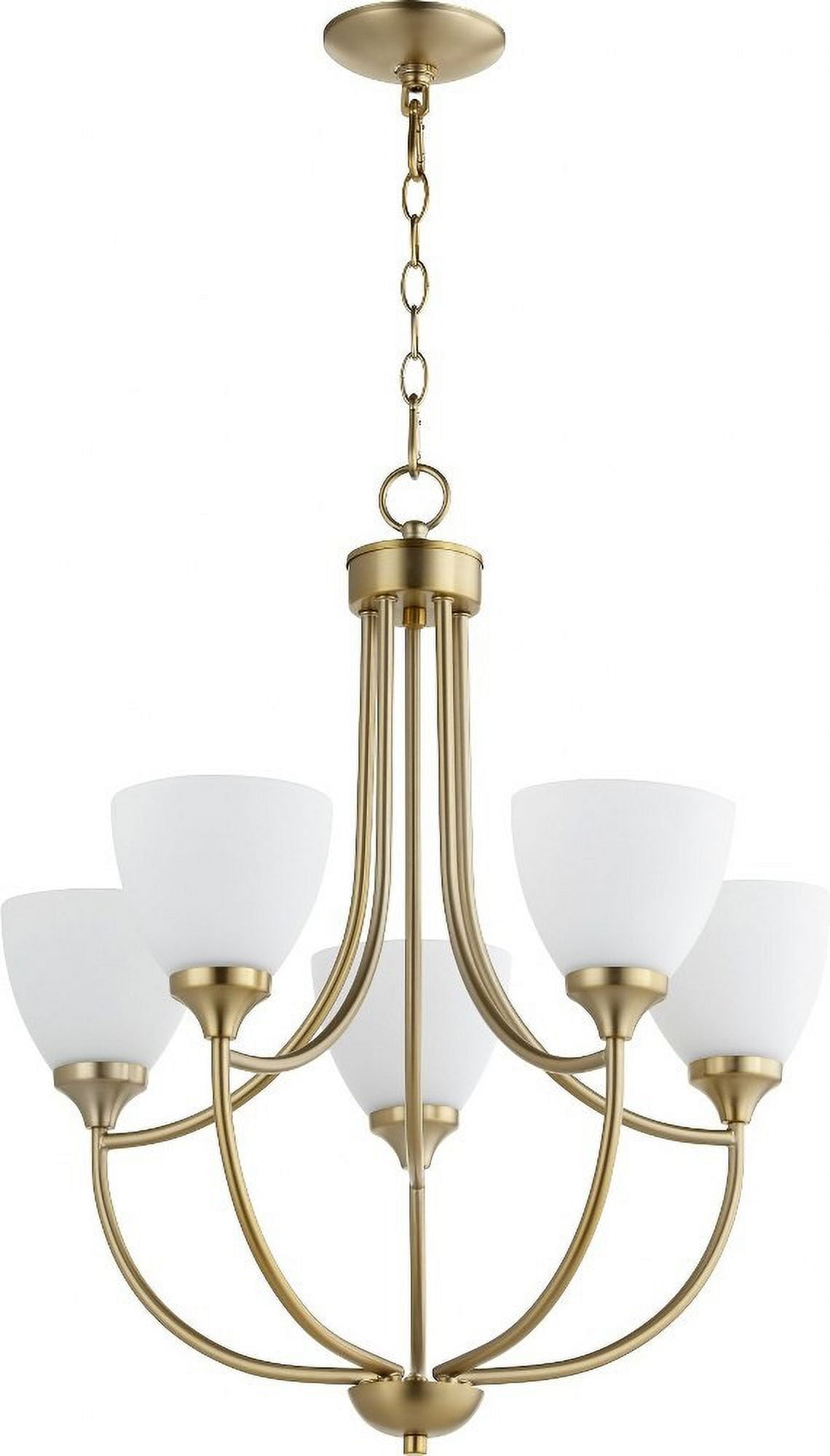 Aged Brass and Satin Opal Glass 5-Light Chandelier