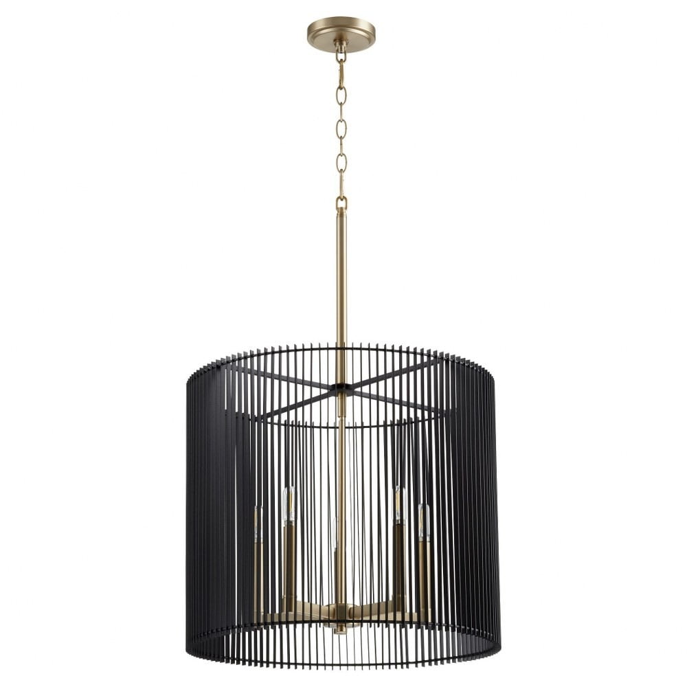 Aged Brass 5-Light Drum Pendant with Noir Strips