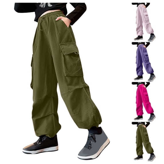 Quotay Girls Cargo Pants Casual High Waisted Loose Fit with Pockets Kid Sweatpants Streetwear Cargo Sweatpants Army Green,9-10 Years