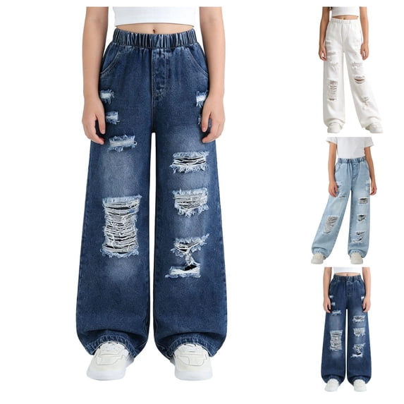 Quotay Girls Pants Denim Jeans for Spring and Summer with Distressed Design Elastic Waist Solid Color Casual Everyday for Kids for 7-12 Years Trousers for Girls Dark Blue,8-9 Years