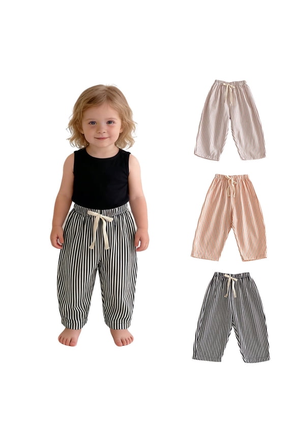 Toddler Pants for Baby Girl Boy Tie Elastic Waist Striped Minimalist Casual Trousers Loose Fit Z02_Black,90