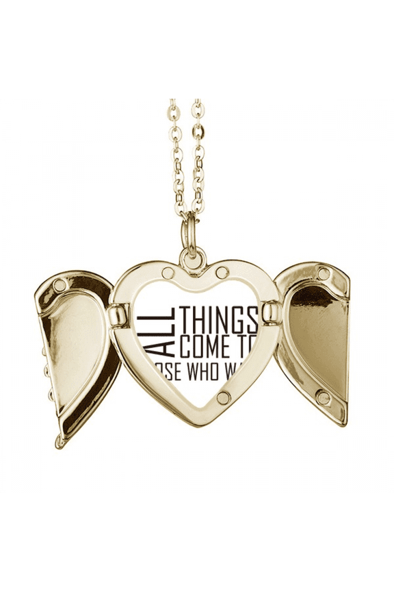 Quote All Things Come To Those Who Wait Folded Wings Peach Heart Pendant Necklace