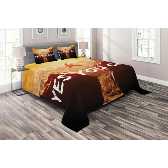 Quote Coverlet Set King Size, Yes You Can Message with Figure Jumping from Rock to Rock at Sunset, Quilted 3 Piece Decor Bedspread Set with 2 Pillow Shams, Black Pale Yellow and Orange, by Ambesonne