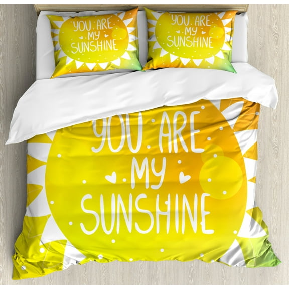 Quote Duvet Cover Set King Size, Radiant Sunshine Phrase Made with Cute Triangles Dots Ethnic Kitsch Love Romance Artwork, Decorative 3 Piece Bedding Set with 2 Pillow Shams, Yellow, by Ambesonne