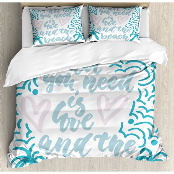 Quote Duvet Cover Set Queen Size, All You Need is Love and the Beach Message with Wavy Lines Pattern, Decorative 3 Piece Bedding Set with 2 Pillow Shams, Teal Pale Blue Baby Pink, by Ambesonne
