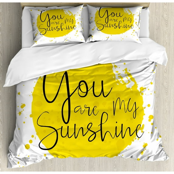 Quote Duvet Cover Set Queen Size, Circular Color Splash Outspread Brushstrokes with Inspirational Quote Valentines Concept, Decorative 3 Piece Bedding Set with 2 Pillow Shams, Yellow, by Ambesonne