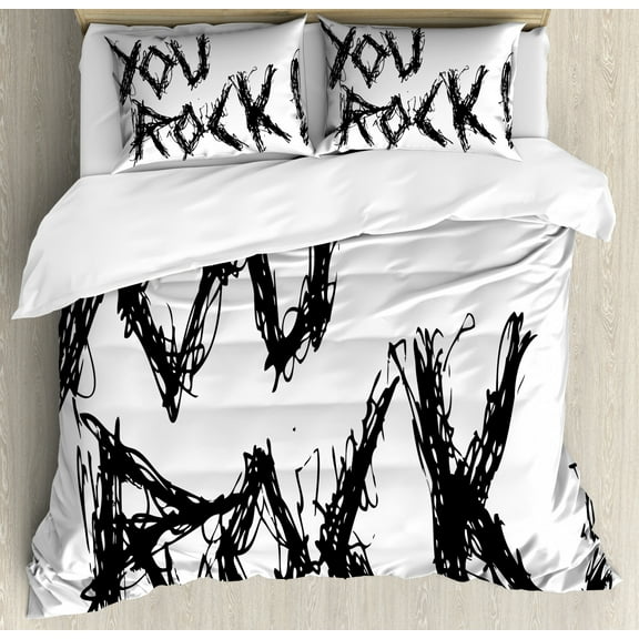 Quote Duvet Cover Set Queen Size, Motivational Phrase Positive Life Day Inspiring ' You Rock ' Slogan Teen Print, Decorative 3 Piece Bedding Set with 2 Pillow Shams, Black and White, by Ambesonne