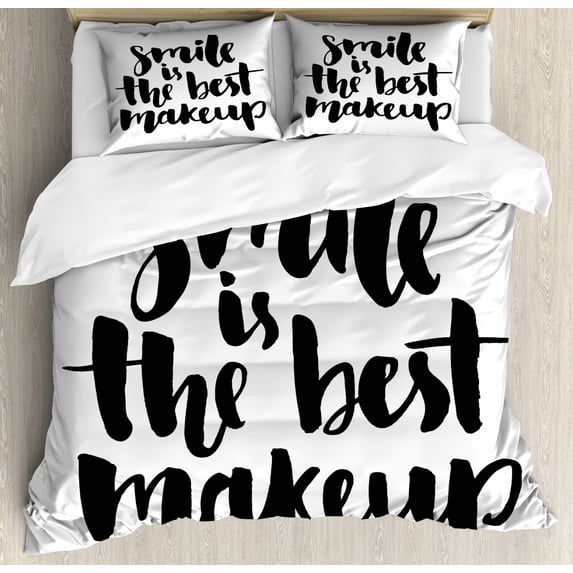 Quote Duvet Cover Set Queen Size, Smile is the Best Makeup Inspirational Phrase Hand Written Daily Motivations, Decorative 3 Piece Bedding Set with 2 Pillow Shams, Black and White, by Ambesonne
