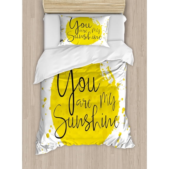 Quote Duvet Cover Set Twin Size, Circular Color Splash Outspread Brushstrokes with Inspirational Quote Valentines Concept, Decorative 2 Piece Bedding Set with 1 Pillow Sham, Yellow, by Ambesonne
