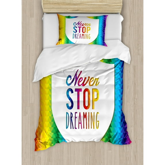 Quote Duvet Cover Set Twin Size, Digital Bound Little Triangles in Rainbow Colors Futuristic Geometrical Motivation, Decorative 2 Piece Bedding Set with 1 Pillow Sham, Multicolor, by Ambesonne