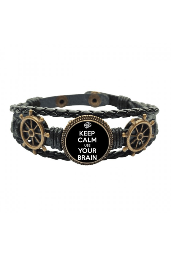 Quote Keep Calm Use Your Brain Black Leather Braided Ocean Bracelet Wristband