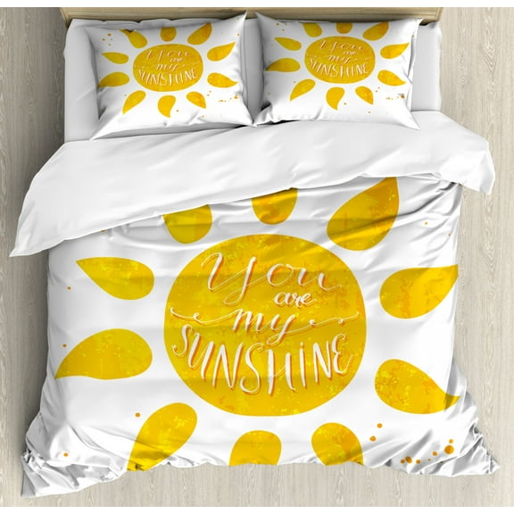 Quote King Size Duvet Cover Set, Sunshine Stylized Lettering with Grungy Effects Featured Better Half Abstract Artistic, Decorative 3 Piece Bedding Set with 2 Pillow Shams, Yellow, by Ambesonne