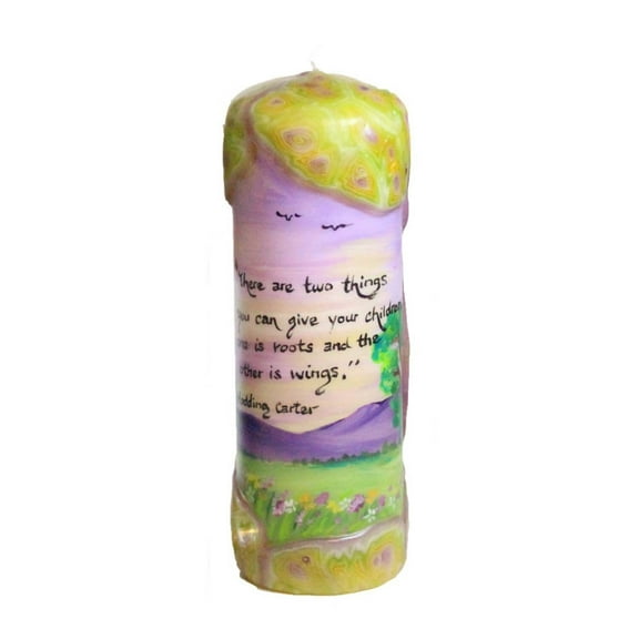 Quote Pillar Candle - "There are two things you can give your children; one is roots, the other is wings" Hodding Carter