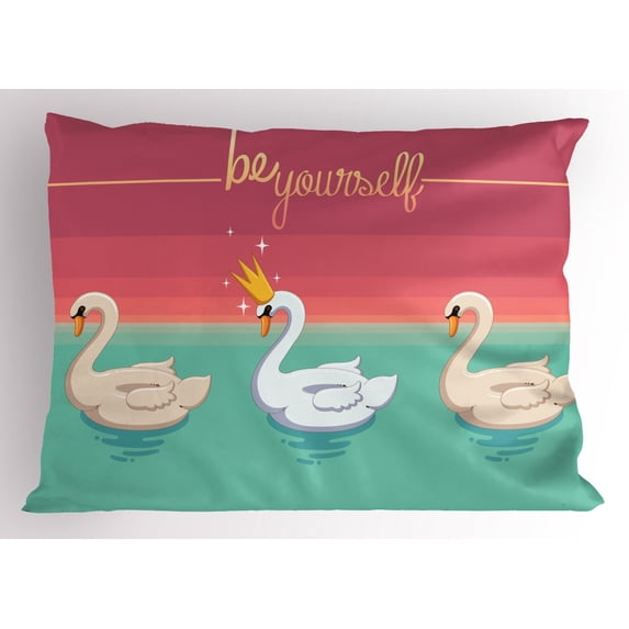 Quote Pillow Sham, Be Yourself Typography Aquatic Bird with a Crown on Lake Pattern, Decorative Standard Size Printed Pillowcase, 26" X 20", Pale Ruby Seafoam and Champagne, by Ambesonne
