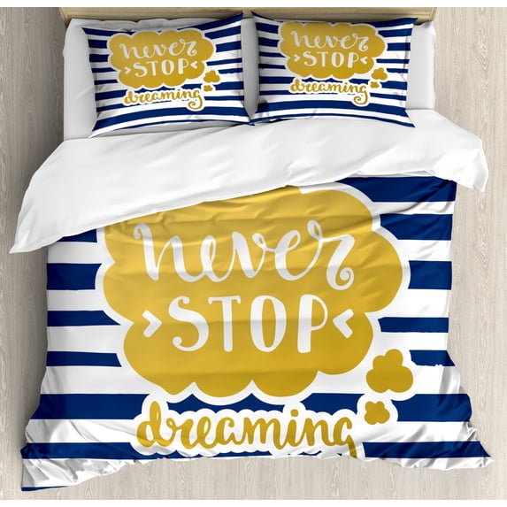 Quote Queen Size Duvet Cover Set, Marine Themed Inspirational Phrase for Life Navy Vintage Style and Artisan Design, Decorative 3 Piece Bedding Set with 2 Pillow Shams, Yellow Blue, by Ambesonne