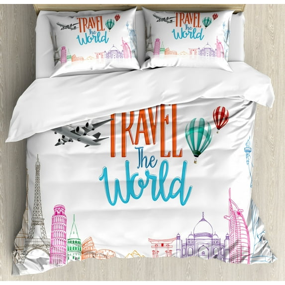 Quote Queen Size Duvet Cover Set, Travel The World Lettering with Around World Landmarks Balloons Work of Art Image, Decorative 3 Piece Bedding Set with 2 Pillow Shams, Multicolor, by Ambesonne
