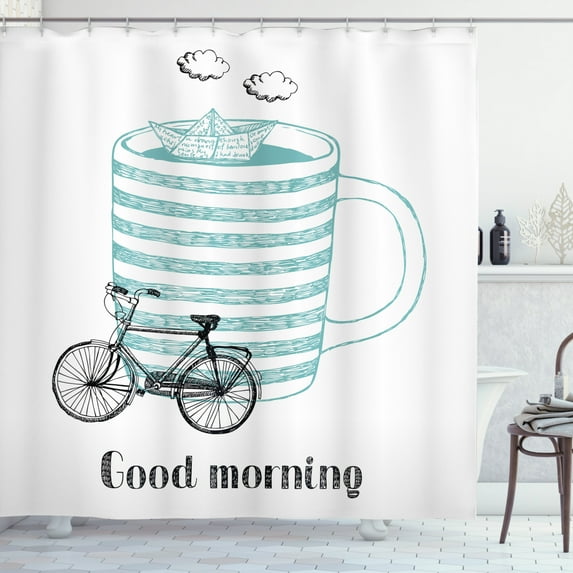 Quote Shower Curtain, Good Morning Theme with Little Paper Ship Sailing inside Cup of Coffee Joy, Fabric Bathroom Set with Hooks, 69W X 75L Inches Long, Seafoam and Black, by Ambesonne