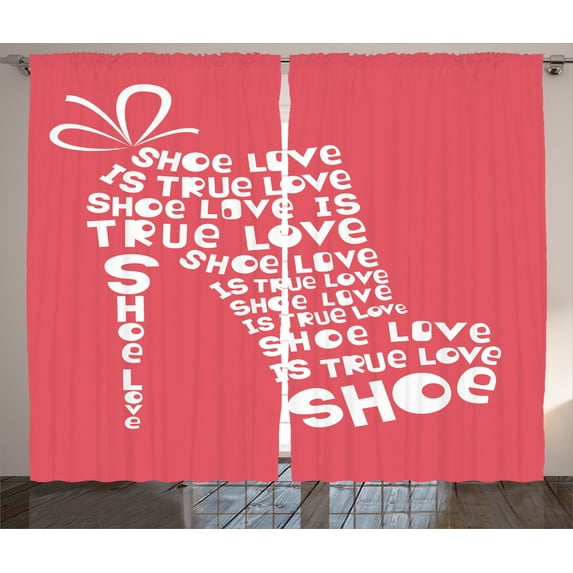Ambesonne Fashion Curtains 2 Panel Set, Woman Shoes Coral Words, 108" x 84", White and Coral