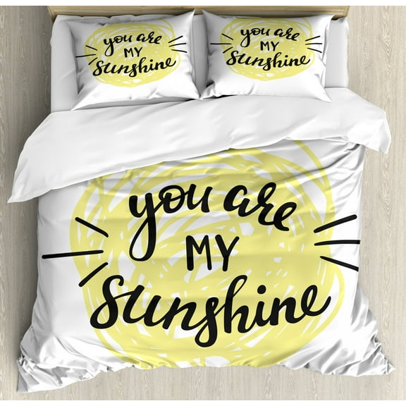 Quotes Decor Queen Size Duvet Cover Set, Modern Love Quote with Hand Drawn Circle Scribbles Love Symbol Print, Decorative 3 Piece Bedding Set with 2 Pillow Shams, Light Yellow Black, by Ambesonne