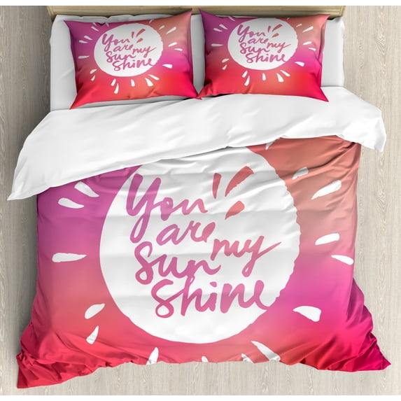 Quotes Decor Queen Size Duvet Cover Set, Vibrant Sunshine Form with Blury Handwritten Saying You and Me Graphic Image, Decorative 3 Piece Bedding Set with 2 Pillow Shams, Maroon White, by Ambesonne
