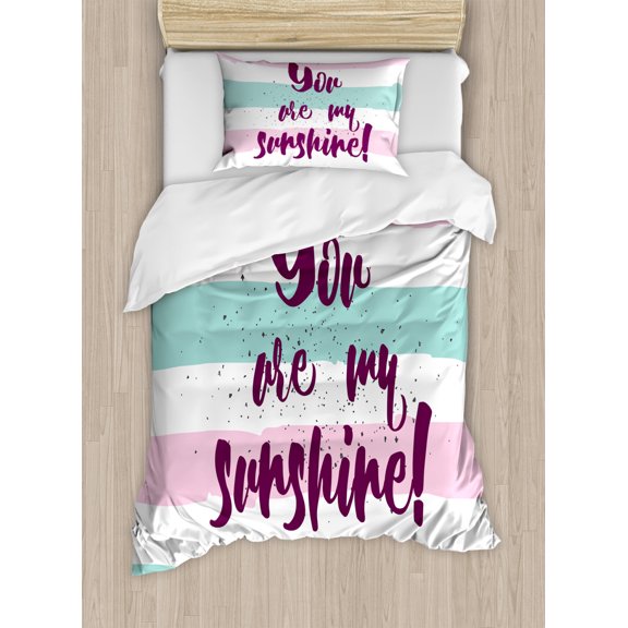 Quotes Decor Twin Size Duvet Cover Set, Horizontal Striped Setting with Sunshine Phrase on Foreground Love Romance Theme, Decorative 2 Piece Bedding Set with 1 Pillow Sham, Multi, by Ambesonne