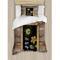 thumbnail image 1 of Quotes Decor Twin Size Duvet Cover Set, Love Phrase with Flower and Hand Drawn Sun Figure on Framed Blackboard Wooden Wall, Decorative 2 Piece Bedding Set with 1 Pillow Sham, Multi, by Ambesonne, 1 of 3