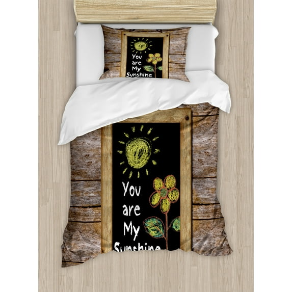 Quotes Decor Twin Size Duvet Cover Set, Love Phrase with Flower and Hand Drawn Sun Figure on Framed Blackboard Wooden Wall, Decorative 2 Piece Bedding Set with 1 Pillow Sham, Multi, by Ambesonne