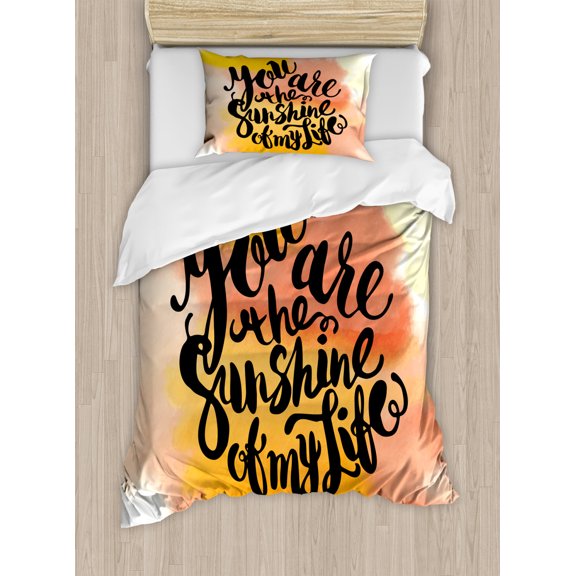 Quotes Decor Twin Size Duvet Cover Set, Retro Love Spouse Lettering over Psychedelic Hazy Cloud Splashes Image, Decorative 2 Piece Bedding Set with 1 Pillow Sham, Orange Yellow, by Ambesonne