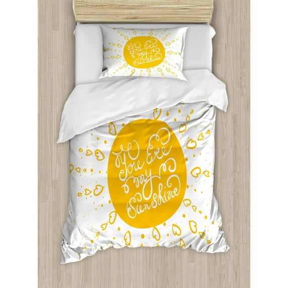 Quotes Decor Twin Size Duvet Cover Set, Rounded Sun Figure Rough Heart Shaped Beams Philosophy Textured Illustration Image, Decorative 2 Piece Bedding Set with 1 Pillow Sham, Yellow, by Ambesonne
