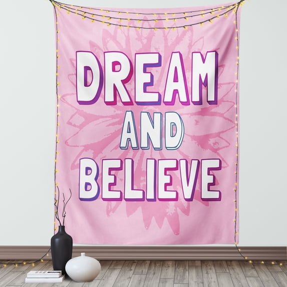 Quotes Decor Wall Hanging Tapestry, "Dream and Believe" Quote on Floral Geometrical Background Motivational Phrase Art, Bedroom Living Room Dorm Accessories, 60 X 80 Inches, by Ambesonne