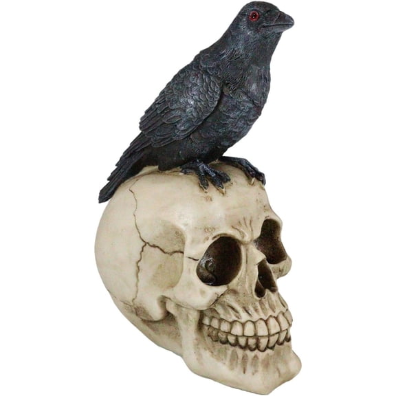 Quoth The Raven Nevermore Black Crow with Bloodshot Red Eyes Perching On Macabre Skull Decorative Figurine
