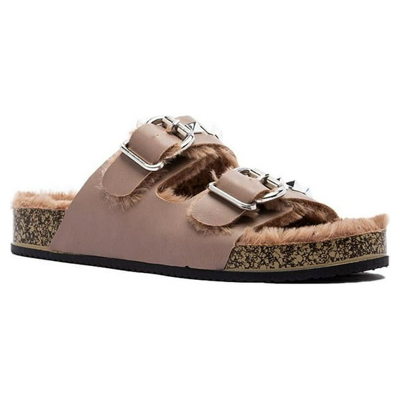 Qupid 2-Band Faux Fur Footbed Slide Sandal