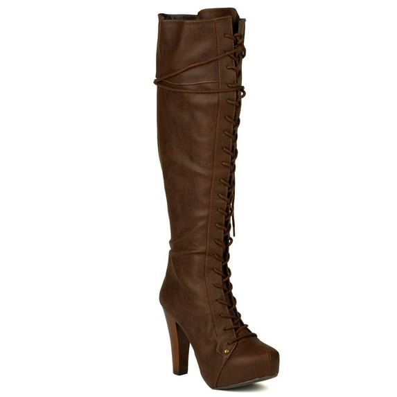 Qupid BD63 Leatherette Lace Up Knee High Platform Chunky Heel Boot