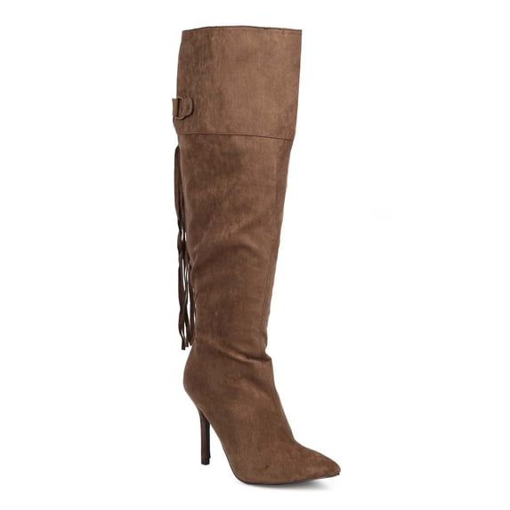 Qupid DA46 Women Suede Knee High Pointy Toe Fringe Stiletto Boot
