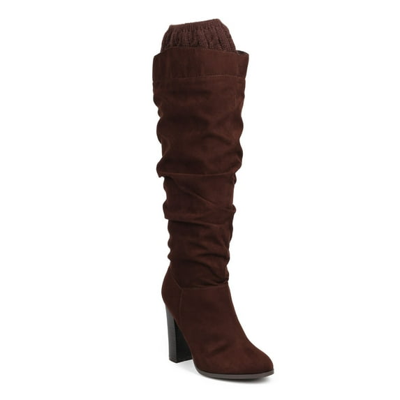 Qupid DA50 Women Suede Knee High Sloucy Chunky Heel Sweater Cuff Riding Boot