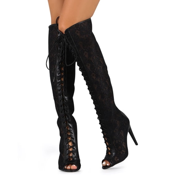 Qupid DB03 Women Floral Crochet Gilly Tie Peep Toe Over the Knee Stiletto Boot