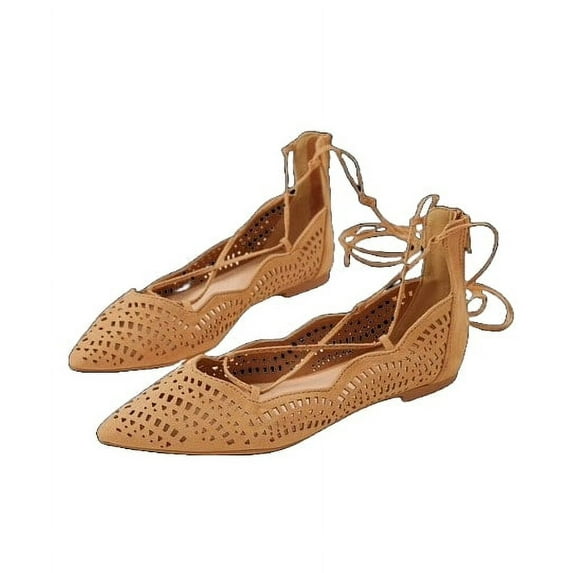 Qupid Strike-02X Blush Suede Fashion Perforated Lace Up Flat Ballet Shoes (Tan, 7)