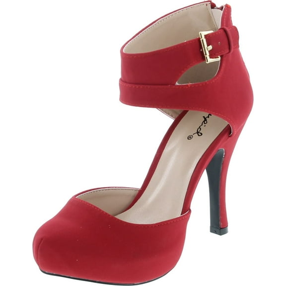 Qupid Trench-244 Women's round toe high heel zip closure buckle ankle straps Nubuck shoes