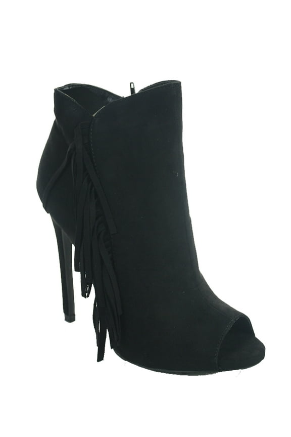 Womens Faux Suede Fringe Pointy Toe Stiletto Ankle Bootie Taupe 5.5