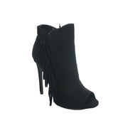 Qupid Womens Faux Suede Fringe Pointy Toe Stiletto Ankle Bootie Taupe 6