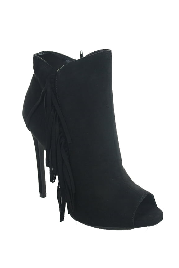 Womens Faux Suede Fringe Pointy Toe Stiletto Ankle Bootie Taupe 6