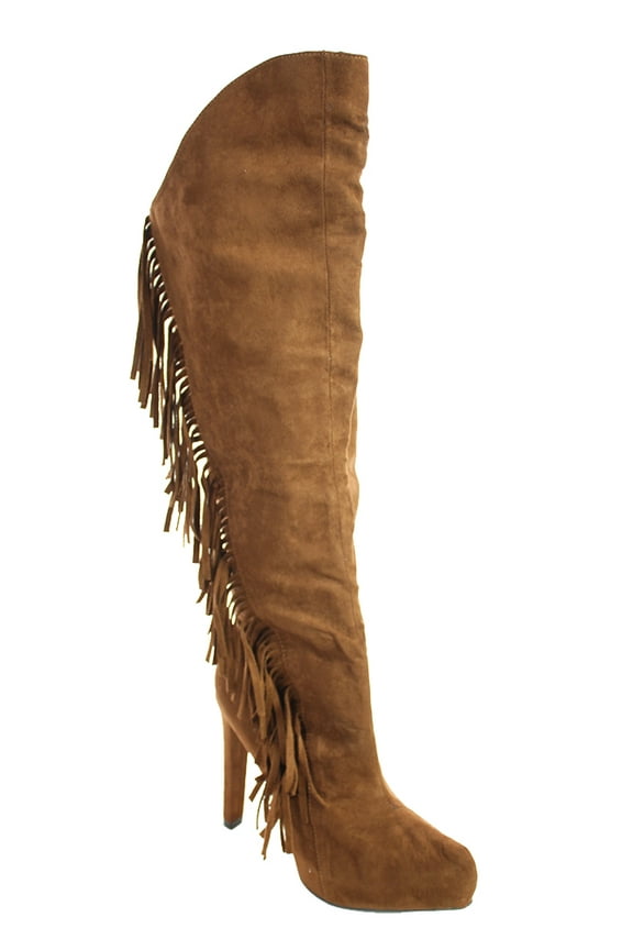 Womens Faux Suede Knee High Almond Toe Fringe Stiletto Boot Black 9