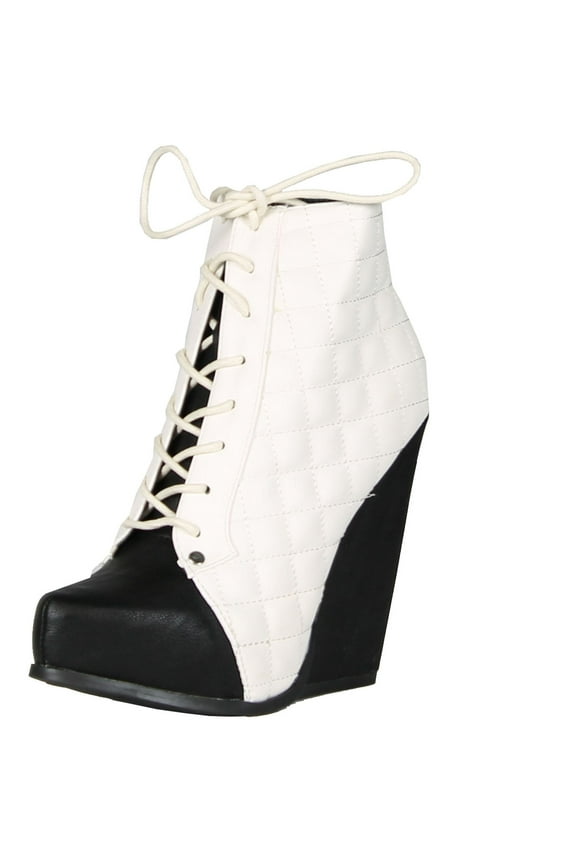 Womens OBSTACLE03 Closed Pointy Toe Quilted Lace Up Zipper Wedge Platform High heel Ankle Bootie