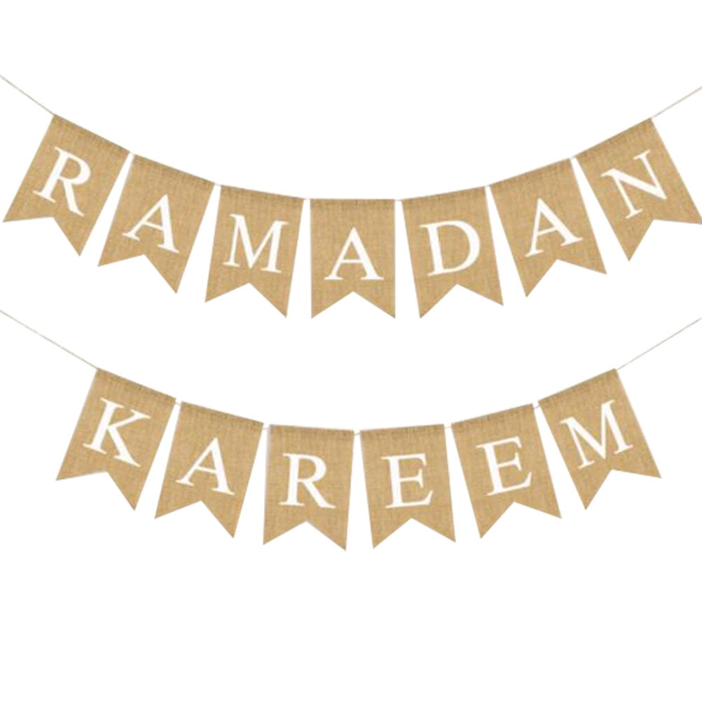 Quqiuxian Ramadan Kareem Burlap Banner Muslim Eid Bunting Pull Flag Party Decoration Supplies